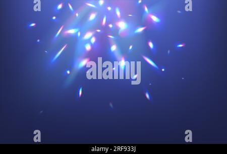 Luce arcobaleno, perdita di prisma, che crea un'affascinante visualizzazione di colori vivaci e fasci incantevoli. Brillantezza diamantata o cristallina, rifrazione ottica dell'obiettivo. Effetto flash iridescente con magia vettoriale realistica Illustrazione Vettoriale