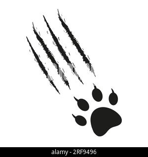 Stampa della zampa di gatto con tracce di graffi e graffi. Silhouette feline. Graffi. Vettore bianco e nero isolato su sfondo bianco. Design per stampe animali, striscioni, poster. Illustrazione Vettoriale