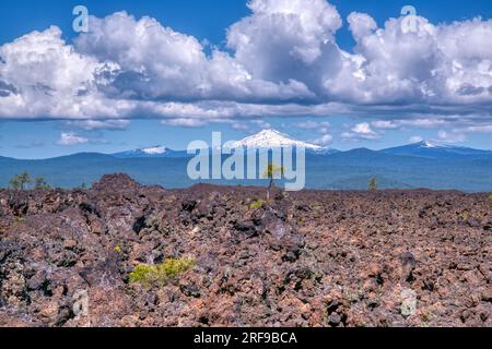 Mount Bachelor da Lava Fields of Lava Lands a Bend, Oregon Foto Stock