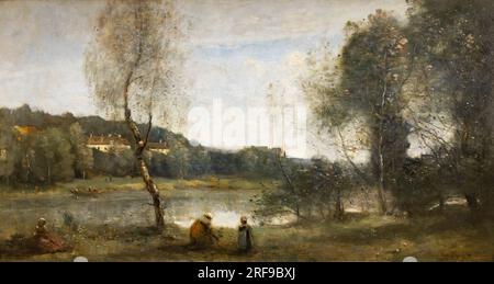 Pittura di Jean Baptiste Camille Corot; Ville D' Avray, l'etang au bouleau devant les Villas; città di Avray, lo stagno di betulle di fronte alle case; 1873 Foto Stock