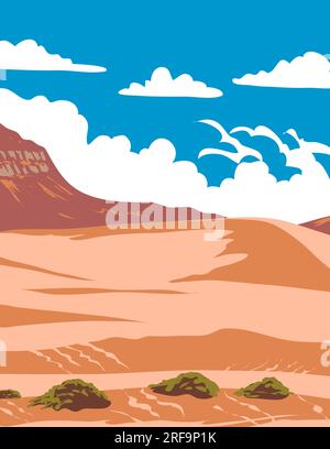 Poster della WPA del Coral Pink Sand Dunes State Park tra Mount Carmel Junction e Kanab nella contea di Kane, nello Utah sudoccidentale, Stati Uniti Foto Stock