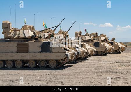 Michael Stencel, aiutante generale dell'Oregon, si prende del tempo per visitare i soldati della 3-116th Cavalry Brigade Combat Team della Guardia Nazionale dell'Oregon durante il loro addestramento annuale presso l'Orchard Combat Training Center vicino Boise, Idaho, il 21 luglio 2023. Durante la sua visita all'OCTC, Stencel ha incontrato soldati e altri membri della leadership mentre conducevano le loro due settimane di addestramento. (Foto della Guardia Nazionale di John Hughel, Oregon Military Department Public Affairs) Foto Stock