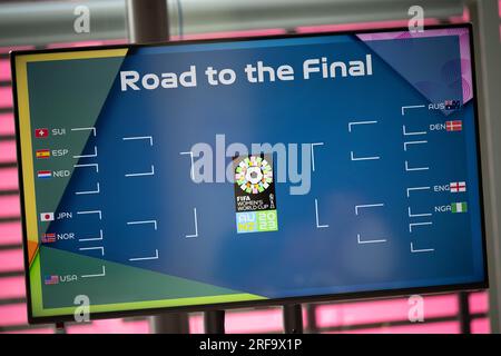 Brisbane, Australia. 2 agosto 2023. "Road to the Final" è scritto su uno schermo e descrive ulteriori abbinamenti nell'albero del torneo fino alla finale di Sydney. Credito: Sebastian Christoph Gollnow/dpa/Alamy Live News Foto Stock