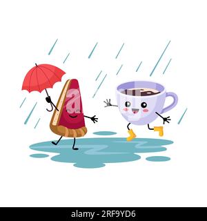 Buongiorno, cartolina accogliente d'autunno. Illustrazione autunnale. Felice pezzo di torta con ombrello e tazza di cacao in stivali di gomma che saltano attraverso le pozzanghere sotto la pioggia. Illustrazione dei cartoni animati Illustrazione Vettoriale