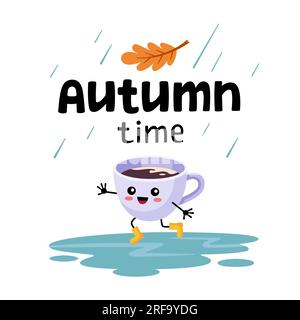 Buongiorno, cartolina accogliente d'autunno. Lettering autunnale. Happy Cup di cacao con stivali in gomma che saltano attraverso pozzanghere sotto la pioggia. Illustrazione dei cartoni animati, stile doodle. Illustrazione Vettoriale