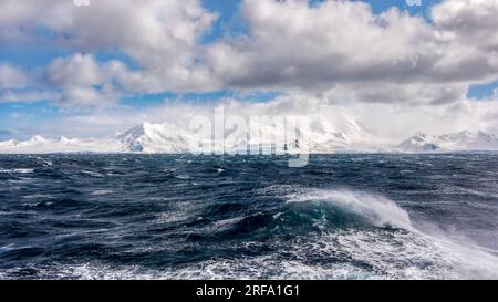 I venti di Gale Force creano mari mossi in una giornata fredda nell'oceano Atlantico meridionale, con una vista della costa delle Isole Shetland meridionali in Antartide. Foto Stock