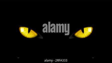 Sfondo occhi panteri neri, volto animale selvatico di notte, oculari gialli vettori al buio. Occhi neri che brillano Guarda in macro primo piano, ghepardo selvatico, puma o ghepardo giallo occhi malvagi su nero Illustrazione Vettoriale