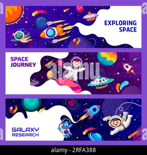 Ragazzi astronauti nello spazio. Alieni, UFO e pianeti spaziali galassici. Esplorazione COSMOS, banner vettoriali di viaggio galattici con simpatici personaggi astronauti e alieni che volano, astronavi nello spazio Illustrazione Vettoriale