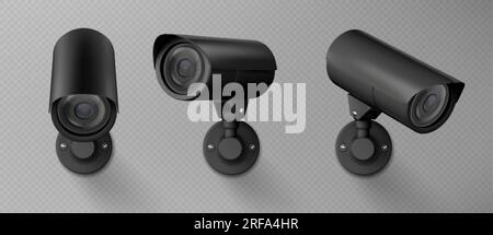 telecamera di sicurezza 3d, telecamera cctv isolata su sfondo trasparente. Sistema di sorveglianza della sicurezza, apparecchiature di controllo video in una visione diversa, Vector Realistic i. Illustrazione Vettoriale
