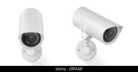 Set realistico di telecamere CCTV 3D isolate su sfondo bianco. Illustrazione vettoriale della videocamera. Attrezzature moderne per la casa, l'ufficio, l'impresa, il bus Illustrazione Vettoriale