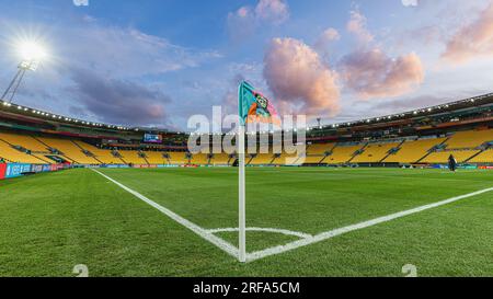 Wellington, Wellington, nuova Zelanda. 2 agosto 2023. Una visione generale dello stadio del Wellington Regional Stadium prima del calcio d'inizio della partita del gruppo G della Coppa del mondo femminile FIFA 2023 tra Sudafrica e Italia presso il Wellington Regional Stadium di Wellington, nuova Zelanda (immagine di credito: ©James Foy/Alamy Live News) Foto Stock