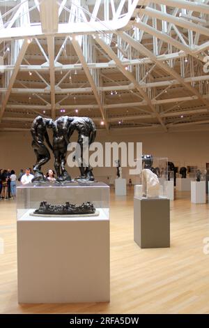 Città del Messico, Messico - 19 luglio 2023: Interno del Museo Soumaya, sala espositiva con opere di Auguste Rodin che al centro mostra la S in bronzo Foto Stock