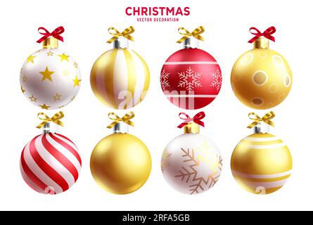 Set vettoriale di palline di Natale. Palla di Natale con eleganti stelle e fiocchi di neve in colore oro ornamenti di natale rotondi. Vettore Illustrazione Vettoriale