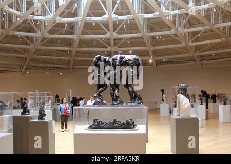 Città del Messico, Messico - 19 luglio 2023: Interno del Museo Soumaya, sala espositiva con opere di Auguste Rodin che al centro mostra la S in bronzo Foto Stock