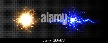 Set realistico di fulmini isolati su sfondo trasparente. Illustrazione vettoriale di sfere di energia elettrica blu e gialle, lampeggiamenti scintillanti di Illustrazione Vettoriale