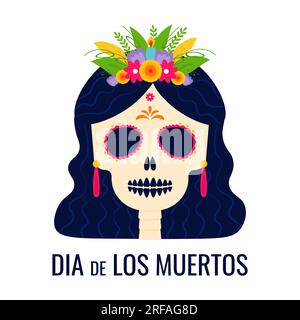 Dia de los muertos. Il giorno dei morti. Festa della tradizione messicana, festival. Teschio di Catarina con corona di fiori. Poster, striscioni e cartoline. Illustrazione piatta. Illustrazione Vettoriale