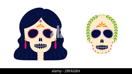 Dia de los muertos. Il giorno dei morti. Festa della tradizione messicana, festival. Teschio donna e uomo con corona di fiori. Poster, striscioni e cartoline. Illustrazione piatta. Illustrazione Vettoriale