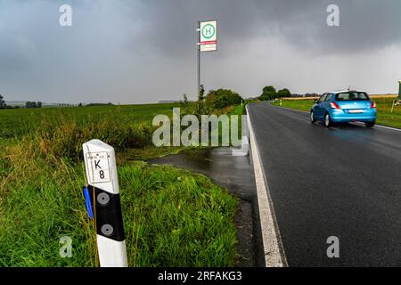 Fermata dell'autobus Abzweig Eschenpötel, in campagna, Sauerland, vicino a Warstein-Allagen, strada di campagna K28, La linea 552 dell'autobus, tra Soest e Warstein, ne ha 1 Foto Stock