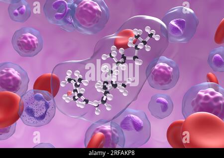 Struttura della vitamina D nel flusso sanguigno - primo piano con palla e bastone vista illustrazione 3d. Foto Stock