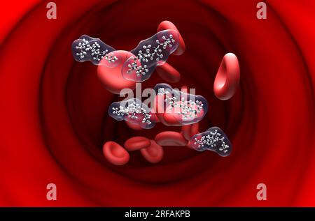 Struttura della vitamina D nel flusso sanguigno - visualizzazione in sezione sfera e bastone illustrazione 3d. Foto Stock