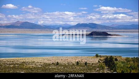 isola di paoha in una soleggiata giornata autunnale, nel mezzo del lago mono di soda alcalina turchese, vicino a lee vining, california Foto Stock