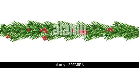ghirlanda di Natale con rami di abete e bacche rosse. Ghirlanda di rami di abete rosso realistico. Sfondo festivo. Vettore Illustrazione Vettoriale