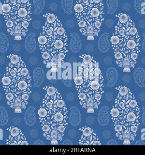 Motivo decorativo floreale Paisley su sfondo blu. Un bouquet di fiori in un vaso. Illustrazione Vettoriale