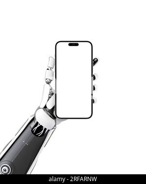 Smartphone robotizzato con impugnatura con schermo isolato per mockup e presentazione di app. Intelligenza artificiale, cibernetica, concetto di tecnologia Foto Stock