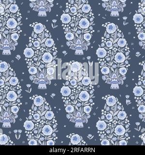 Motivo decorativo floreale Paisley senza cuciture su sfondo grigio bluastro scuro. Un bouquet di fiori in un vaso. Illustrazione Vettoriale
