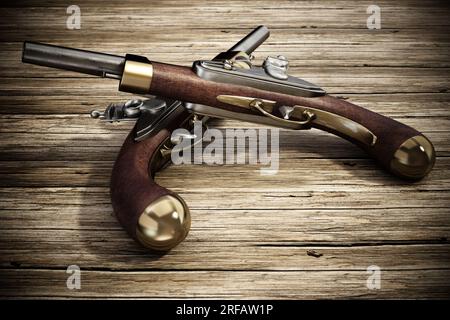 Pistole a pietra focaia incrociate su fondo in legno vecchio. Illustrazione 3D. Foto Stock
