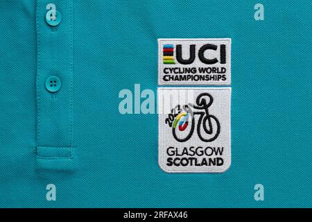 UCI Cycling World Championships Glasgow 2023 logo sull'uniforme dei volontari dell'evento - Glasgow, Scozia, Regno Unito Foto Stock