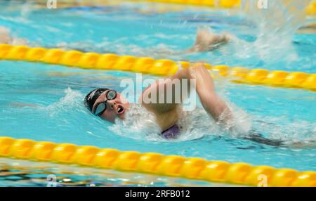 La britannica Faye Rogers in azione durante la prima manche del 400m S10 Freestyle femminile, il terzo giorno dei Campionati mondiali di nuoto Para 2023 al Manchester Aquatics Centre di Manchester. Data foto: Mercoledì 2 agosto 2023. Foto Stock