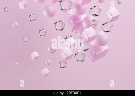 Astratto moderno, cubo di composizione caotico, sfera, sfondo poligonale, futuristico geometrico, elementi rosa, cristallo, diamanti, gioielli. immagine di rendering 3d. Foto Stock