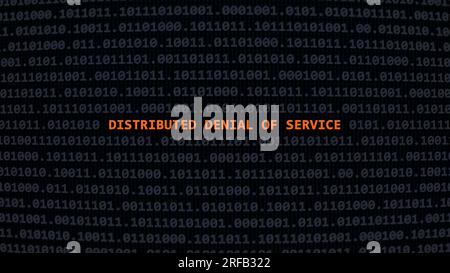 Attacchi informatici DDoS (Distributed Denial of Service). Testo della vulnerabilità in stile ART ascii del sistema binario, codice nella schermata dell'editor. Testo in inglese, testo in inglese Foto Stock