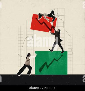 Collage d'arte contemporanea di datori di lavoro in abiti che reggono un grande grande cubo, e anothe sdraiato su un grafico. Grafica concettuale. Foto Stock