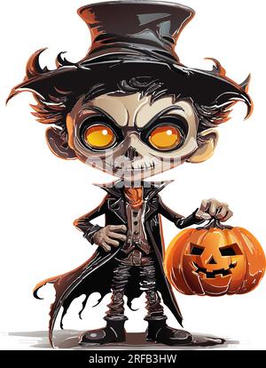 vector halloween skeleton uomo con occhi luminosi. jack o lanterna sorridente. scheletro arrabbiato con illustrazione vettoriale del costume su sfondo bianco Illustrazione Vettoriale