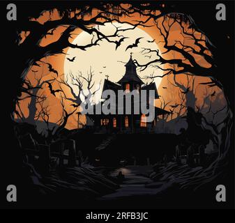 castello vector halloween e zucche. lanterne arancioni all'interno del castello. inquietante castello di halloween con illustrazione vettoriale di luce lunare piena Illustrazione Vettoriale