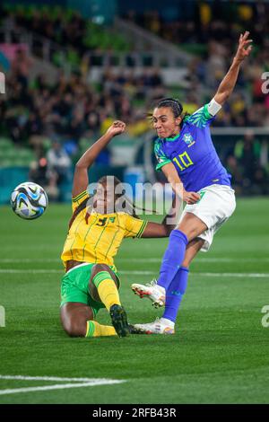 Melbourne, Australia. 2 agosto 2023. Melbourne Rectangular Stadium of Jamaica/ of Brazil durante la Coppa del mondo femminile FIFA Australia/nuova Zelanda 2023 Group F match tra Giamaica e Brasile al Melbourne Rectangular Stadium il 2 agosto 2023 a Melbourne, Australia. Punteggio finale: Giamaica - Brasile (Patricia Pérez Ferraro/SPP) credito: SPP Sport Press Photo. /Alamy Live News Foto Stock