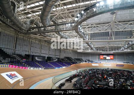 Una visione generale della pista in vista dei Campionati del mondo di ciclismo UCI 2023 al Sir Chris Hoy Velodrome, Glasgow. Data foto: Mercoledì 2 agosto 2023. Foto Stock