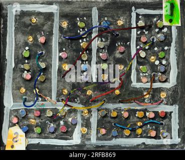 concetto di business,idea,soluzione,sfida,trasformazione,innovazione, quadro interruttori fittizio con luci,cavi, punto interrogativo ed esclamazione p Foto Stock