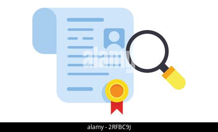 Certificato con lente di ingrandimento. concetto di verifica del documento o del profilo. illustrazione vettoriale Illustrazione Vettoriale