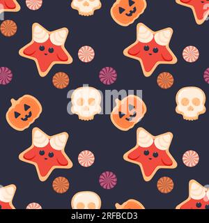 Halloween motivo dei biscotti senza cuciture motivo senza cuciture biscotti caramelle satinate. Illustrazione vettoriale Illustrazione Vettoriale