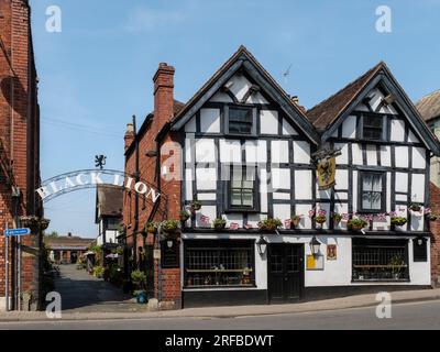 Il pub Black Lion è un edificio in legno bianco e nero. Hereford, Herefordshire, Inghilterra, Regno Unito, Gran Bretagna Foto Stock