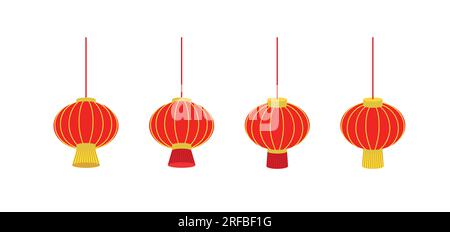 Set vettore lanterne rosse cinesi. Elementi decorativi cinesi per il festival delle lanterne o il capodanno cinese. Illustrazione Vettoriale