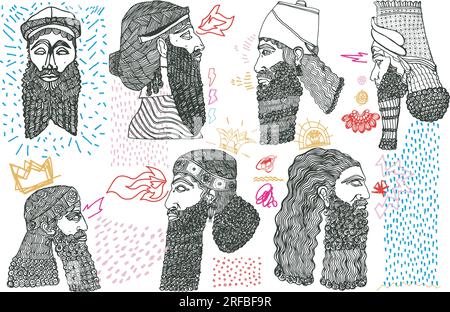 Risorse grafiche di, stile contemporaneo, illustrazioni di ritratti di statue classiche disegnate a mano. Illustrazione di sculture in linea per stampe di t-shirt, poster, Illustrazione Vettoriale