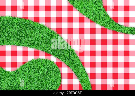 Realistico motivo a plaid di Vichy rosso e erba verde astratto sfondo vuoto con spazio per il testo. Modello di disegno del poster per picnic vettoriale. Striscione orizzontale con Illustrazione Vettoriale