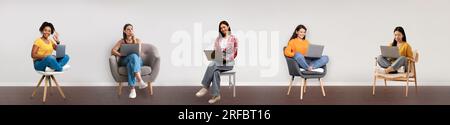 Concetto di tecnologia online. Collage con diverse signore utilizzando computer portatili, poltrone e sedie, panorama Foto Stock