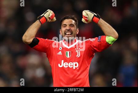 Foto del fascicolo datata 07-03-2018 del portiere della Juventus Gianluigi Buffon festeggia. L'ex portiere italiano Gianluigi Buffon, vincitore della Coppa del mondo, ha chiamato il tempo in una sorprendente carriera di 28 anni. Data di emissione: Mercoledì 2 agosto 2023. Foto Stock