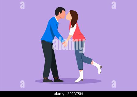 Disegno in stile piatto a cartoni animati romantico di coppie maschili e femminili con labbra chiuse in bacio. Felici amanti della bellezza che si baciano e si tengono per mano. Man e. Foto Stock