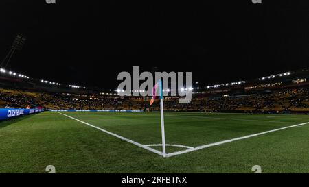 Wellington, Wellington, nuova Zelanda. 2 agosto 2023. Una visione generale dello spettacolo di luci del Wellington Regional Stadium a metà tempo durante la partita del gruppo G della Coppa del mondo femminile FIFA 2023 tra Sudafrica e Italia al Wellington Regional Stadium Stadium di Wellington, nuova Zelanda (immagine di credito: ©James Foy/Alamy Live News) Foto Stock